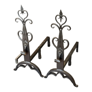 Vintage French Provincial Style Hand-Forged Wrought Iron Fireplace Andirons—A Pair