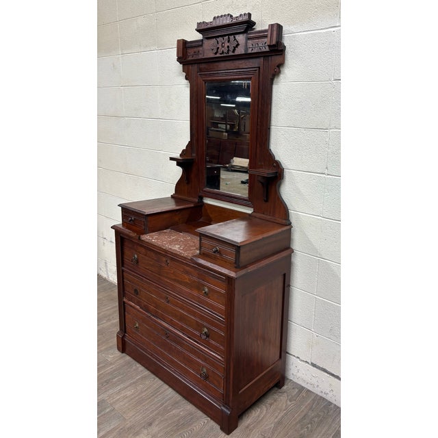 Victorian Antique Victorian Eastlake Walnut Dresser With Swivel Mirror and Marble Inlay For Sale - Image 3 of 14