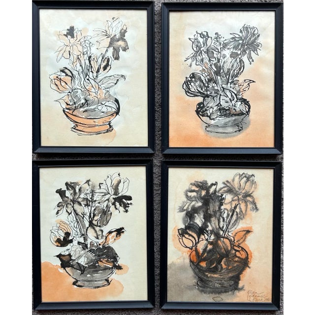 Vintage 1967, impressionist style, set of four pen & ink watercolors of flowers. One is signed and dated to the lower...