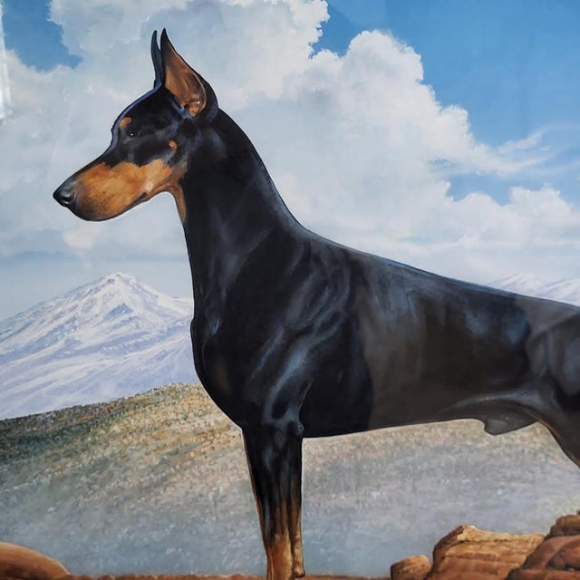 Stunning portrait painting of a black & tan Doberman Pinscher male dog depicted in a standing "show" pose with cropped...