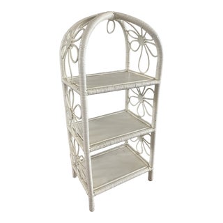 Vintage Boho Chic White Wicker Flower Etagere For Sale