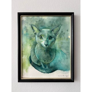 Earnest Eyes by Chris Hong | Watercolour on paper of a cat with green eyes For Sale