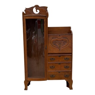 Antique Victorian Art Nouveau Oak Combination Secretary Desk and Curved Glass Bookcase With Ornate Carved Details For Sale