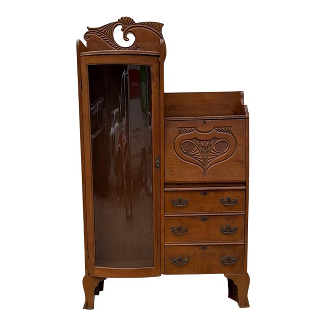 Antique Victorian Art Nouveau Oak Combination Secretary Desk and Curved Glass Bookcase With Ornate Carved Details For Sale