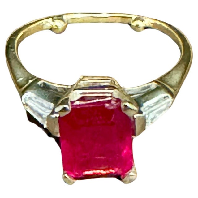 2.5 Ct Emerald Cut Treated Ruby & 0.15 ct Diamond Ring 14 Kt White Gold Size 5 For Sale - Image 15 of 18