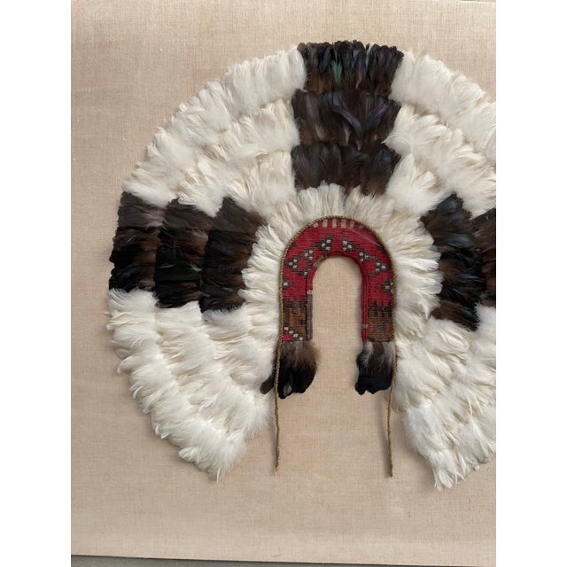 Vintage Native American Headdress Woven Wool With Feathers. Framed in Lucite Shadowbox. For Sale - Image 4 of 11