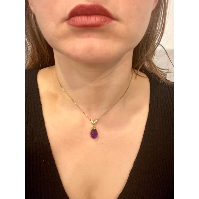 Checkerboard Amethyst Drop & Diamond Pendent/Necklace 14 Karat Yellow Gold Chain For Sale - Image 11 of 18