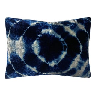 Rousseau Hand Dyed Silk Velvet Pillow, Silver Gray & Indigo Blue Halo Abstract Pattern For Sale