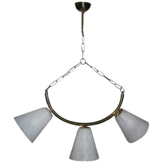 Mid-Century Modern Brass, Reticello & Murano Glass Ceiling Lamp For Sale