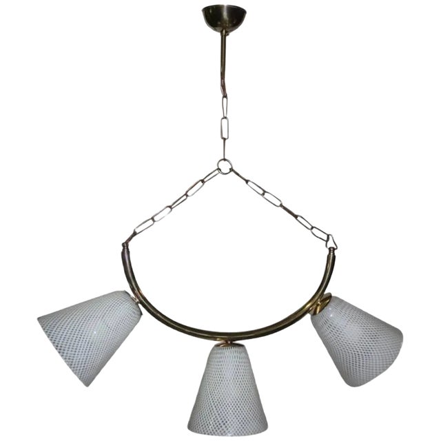 Mid-Century Modern Brass, Reticello & Murano Glass Ceiling Lamp For Sale