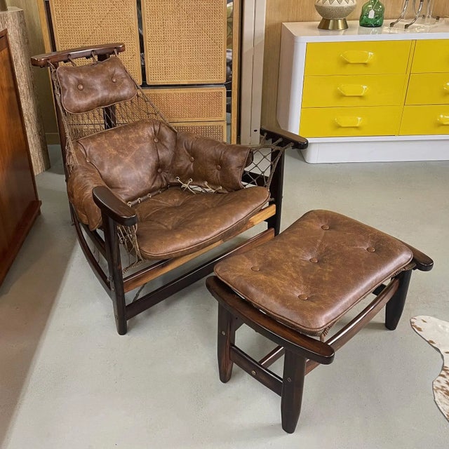 Brown 1960s Restored Brazilian Jangada Rosewood & Leather Sling Chair With Ottoman by Jean Gillon For Sale - Image 8 of 16
