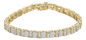 10K Yellow Gold 4.0 Cttw Alternating Baguette & Round Cut Diamond Bezel- & Prong-Set 7" Tennis Bracelet (G-H Color, SI1-SI2 Clarity)
