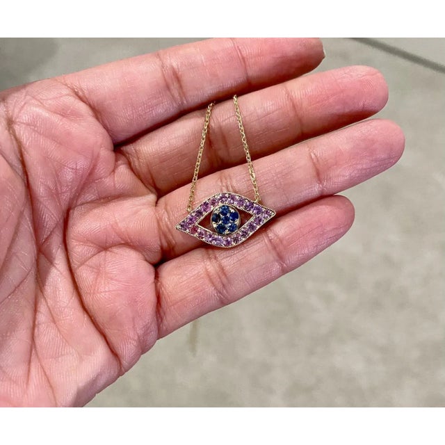 Early 21st Century 1.42 Carat Blue Pink Sapphire Yellow Gold Evil Eye Chain Pendant For Sale - Image 5 of 6