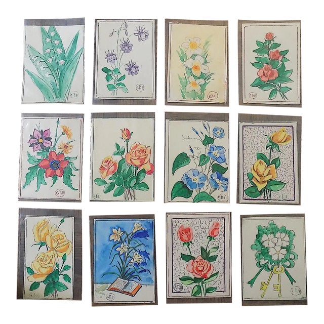 Original Vintage Mid 20th C. Watercolors-Floral Still Life-E. Pell-Set of 12 For Sale