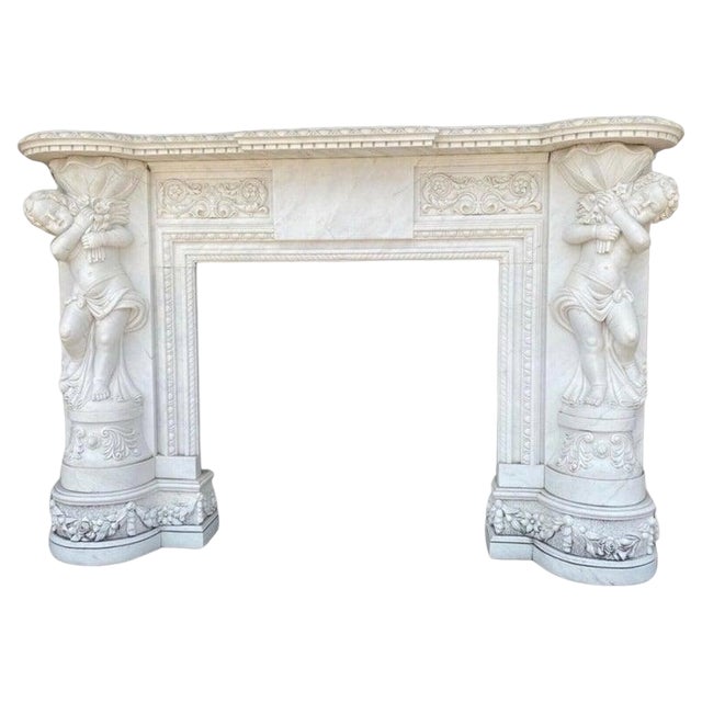 Hand Carved Marble Fireplace with Children Statues For Sale