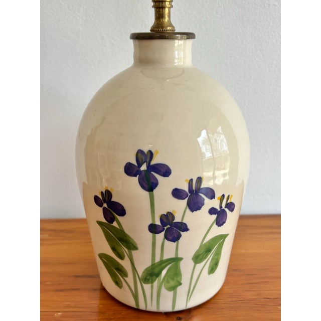 Rustic European 1980s Hand Painted Violets Pottery Lamp For Sale - Image 3 of 8