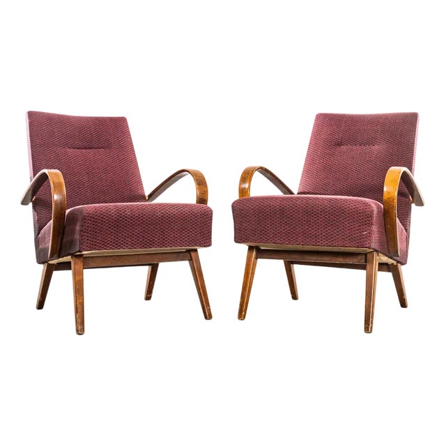 Armchairs with Geometric Aubergine Jacquard Sprung Seat by Jaroslav Šmídek, 1950s For Sale