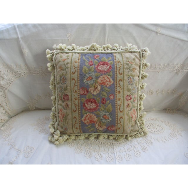 French Vintage French Blue and Pink Floral Petit Point & Needlepoint Accent Pillow For Sale - Image 3 of 10