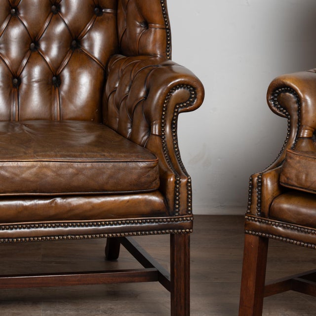 Vintage Brown Leather Chesterfield Wingback Loveseat and Club Chair For Sale - Image 10 of 13
