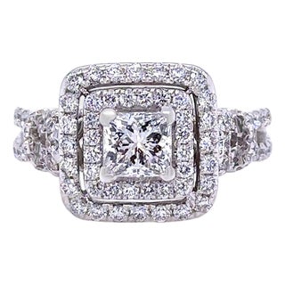18ct White Gold Princess Cut Diamond Halo Ring, Size 5.25 For Sale