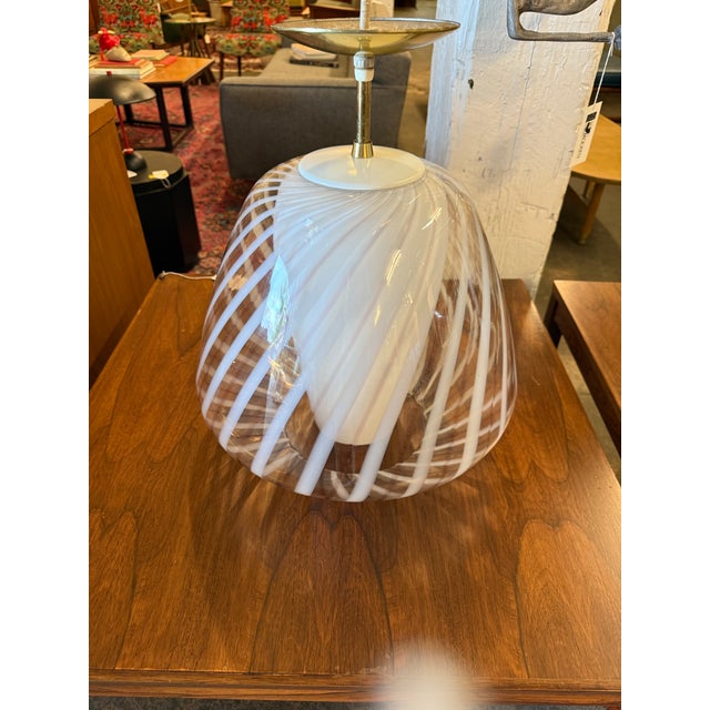 Glass Pendant Chandelier, With Hand-Blown Glass Shade Over White Glass Cone, Murano Italy 1950's by Lightolier For Sale - Image 9 of 9