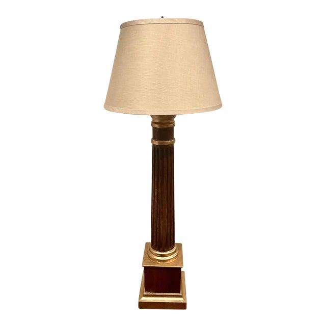 1940s Hand Carved Fluted Column With Ionic Capital Accent Lamp and Restoration Hardware Linen Shade For Sale