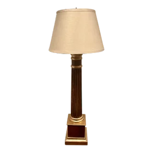 1940s Hand Carved Fluted Column With Ionic Capital Accent Lamp and Restoration Hardware Linen Shade