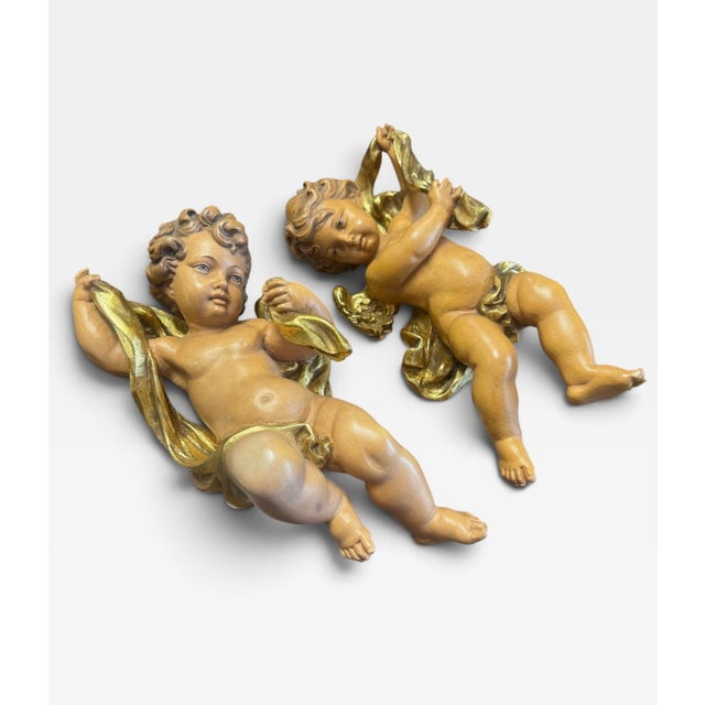 Pair Vintage Osvaldo Moroder Val Gardena Wood Carved Cherubs Angels Putti 11" For Sale - Image 9 of 10