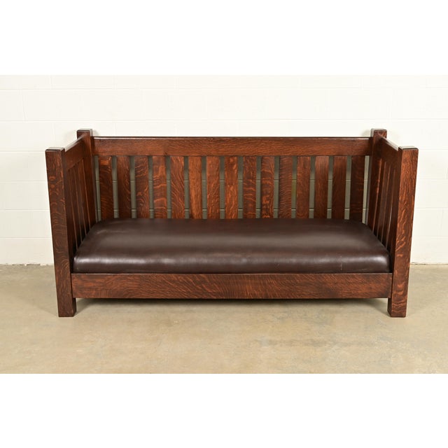 Mission L. & J. G. Stickley Antique Mission Oak Arts & Crafts Settle Sofa or Bench, Newly Refinished For Sale - Image 3 of 9