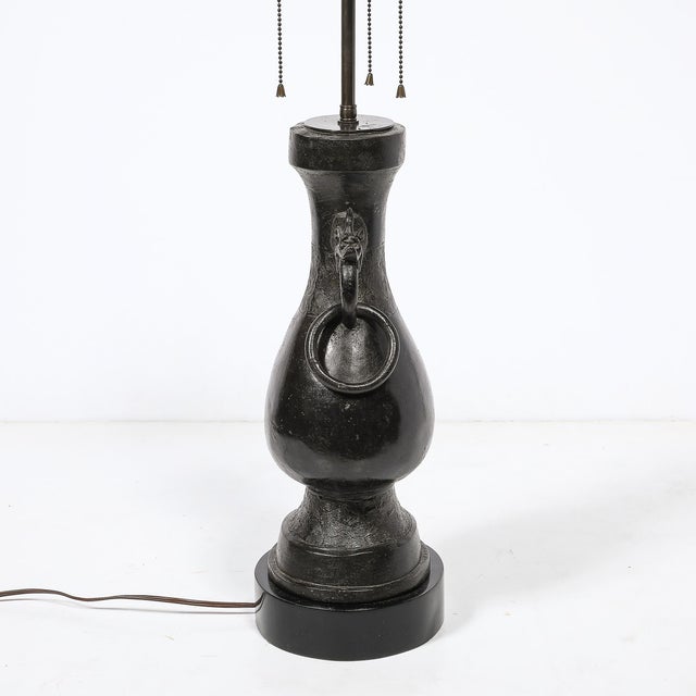 Pair of Mid-Century Iron Dragon Amphora Chinoiserie Table Lamps W/ Ring Details For Sale - Image 12 of 15