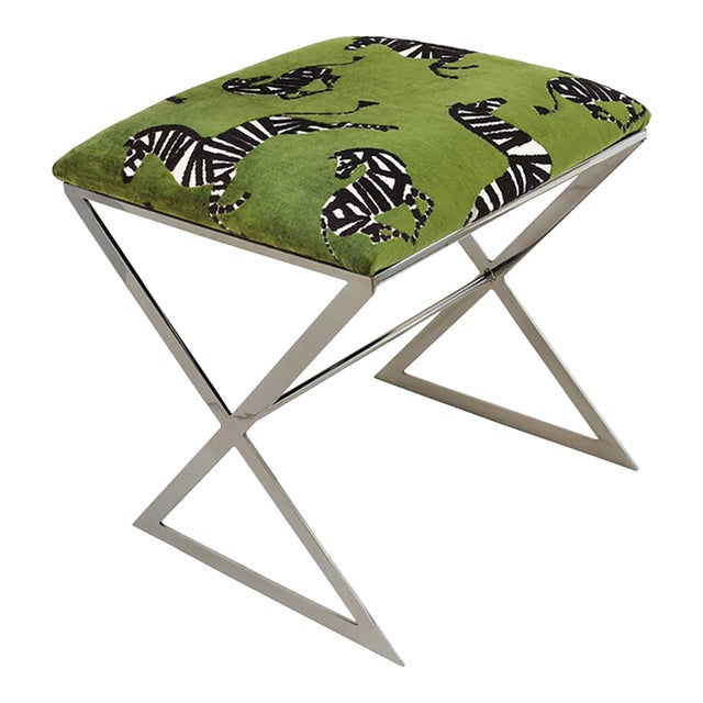 Matthew Izzo Home - X Side Stool in Green Zebra Upholstery and Polished Nickel Base For Sale