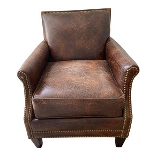 Brown Leather Club Chair With Nailhead Detail For Sale