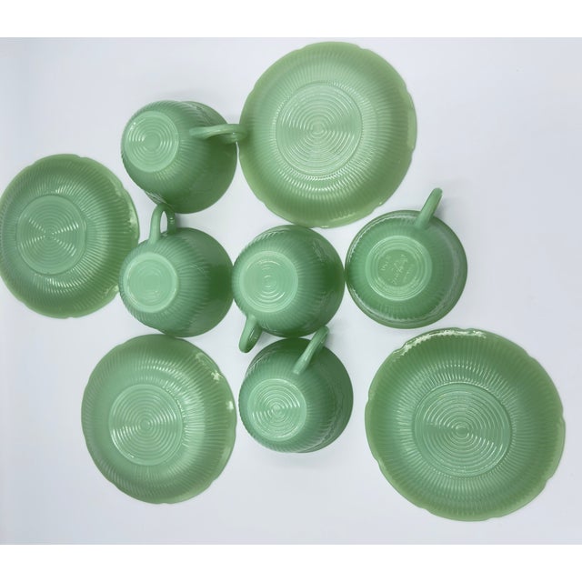 1940s Anchor Hocking Fire King Alice Jadeite Coffee Tea Cup & Saucer 9pc Lot For Sale - Image 13 of 14