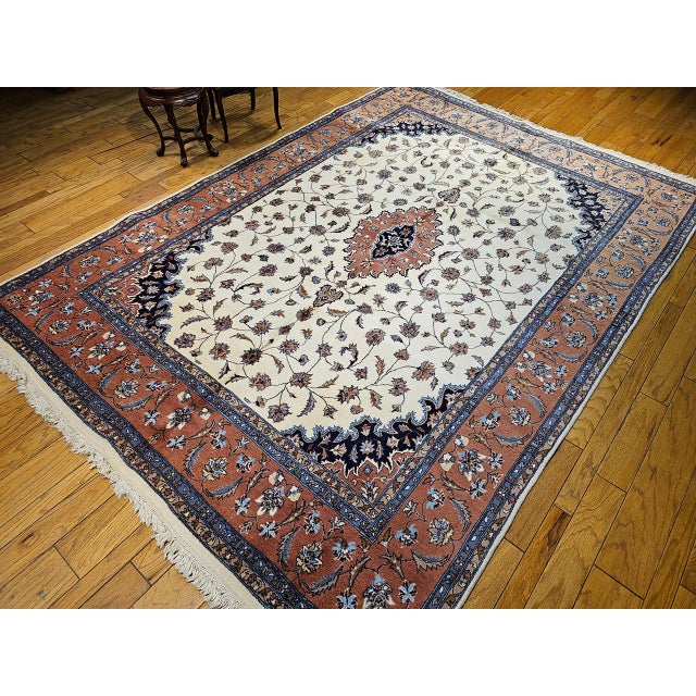 Vintage Tabriz Rug, Hand-Knotted Wool, Floral Medallion Pattern, Ivory & Terracotta, 9x13 For Sale - Image 4 of 13
