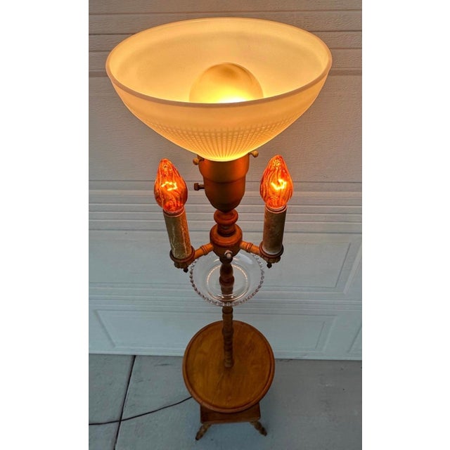 Authentic Antique Maple Floor Lamp With Built-in Table & Glass Gallery Tray 61" For Sale - Image 15 of 16
