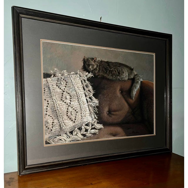 Renowned pastel artist Kathleen Cook. Large painting of adorable longhair cat on tufted sofa with incredibly detailed...