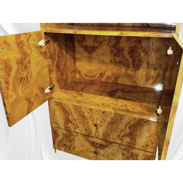 Brown Genuine Burl Wood Mid-Century Matchbook Milo Baughman Glass Modern Cabinets For Sale - Image 8 of 9