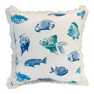 Artisan “Fish” Turquoise Blue Hand Printed on Linen Pillow Cover, 20". - For Sale