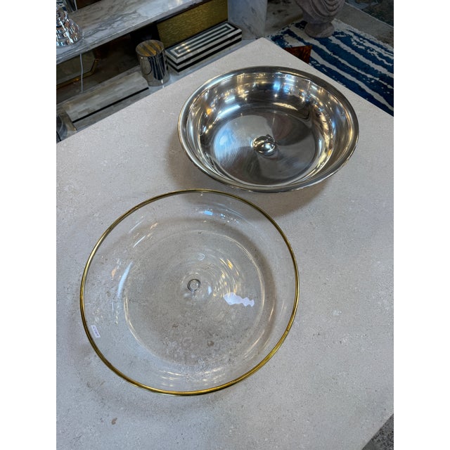 Metal Italian Glass and Silver-Plate Serving Bowl With Brass Rim, 1970s For Sale - Image 7 of 9