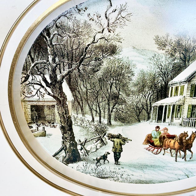 White Mid-Century Americana Farmhouse Currier & Ives Metal Tray - The American Homestead, Winter For Sale - Image 8 of 14