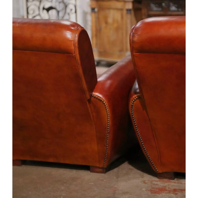 Pair of Early 20th Century French Art Deco Brown Leather Club Armchairs For Sale - Image 9 of 9
