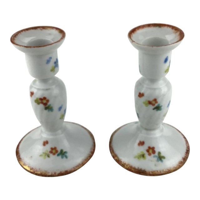 Vintage Porcelain Hand Painted Floral Candle Holders - a Pair For Sale