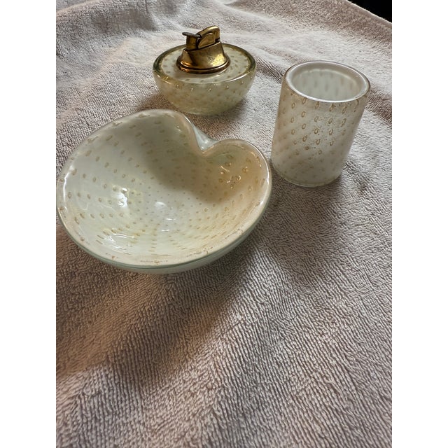 Beautiful Hand Blown Murano Art Glass 3 Piece Smoking set in White with Gold Flecks ash tray 4.75"W by 4.5"D by 1.5"high...