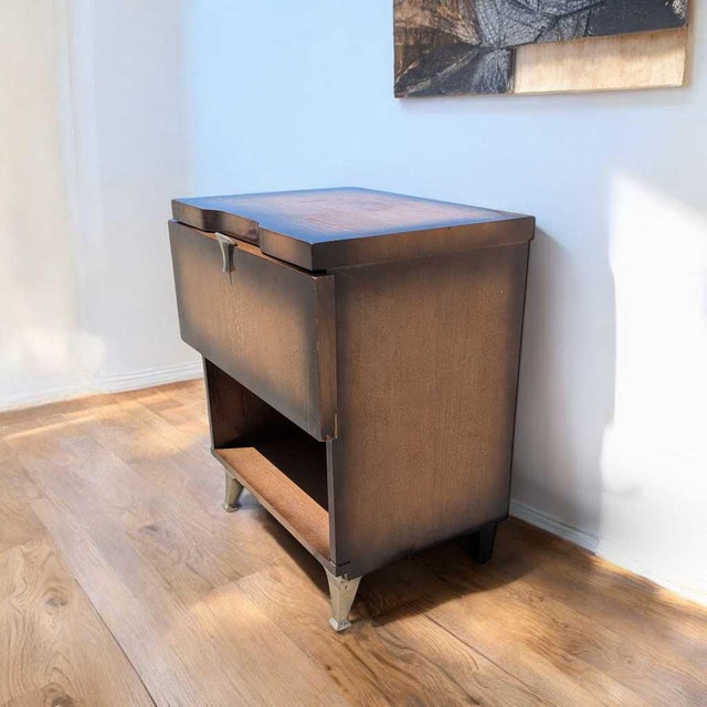 Mid-Century Modern 1950s Atomic Walnut Drop-Front Nightstand With Metal Legs, Mid-Century For Sale - Image 3 of 16