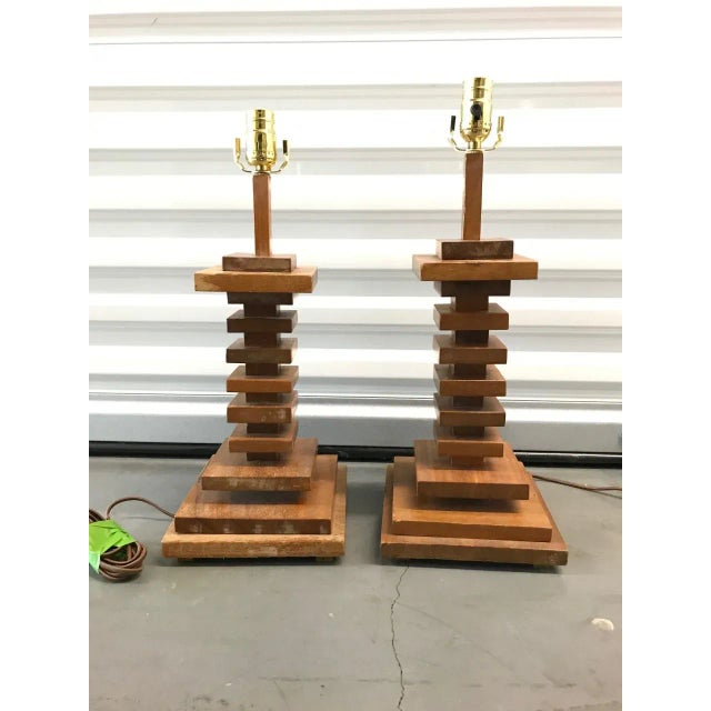 Mid-20th Century Stacked Wooden Lamps - A Pair For Sale - Image 4 of 4