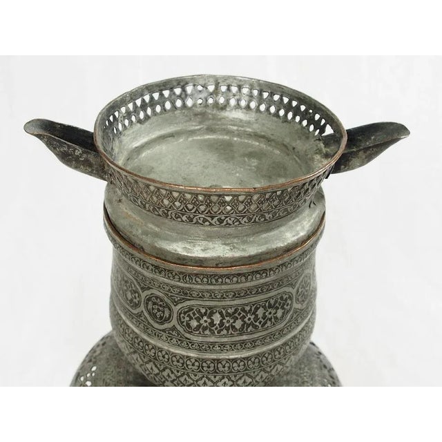 Antique Central Asian Copper Tinned Islamic Engraved Oil Lamp, 1890s For Sale - Image 3 of 13