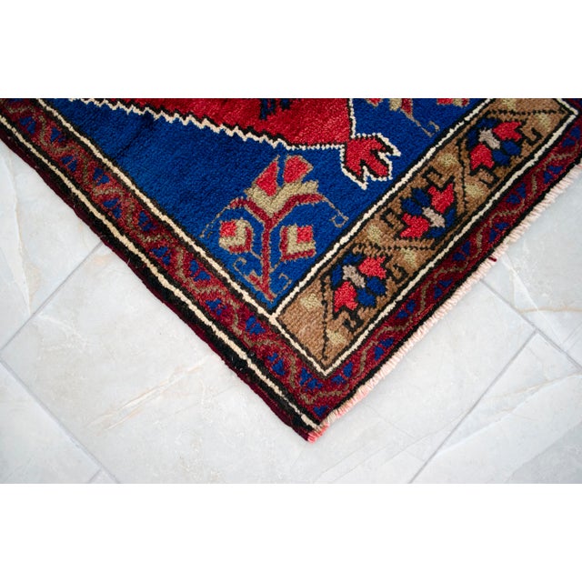 Blue Vintage Small Rug Hand Made Mat Turkish Rug Enrty Decor Bath Mat- 1′8″ × 3′9″ For Sale - Image 8 of 13