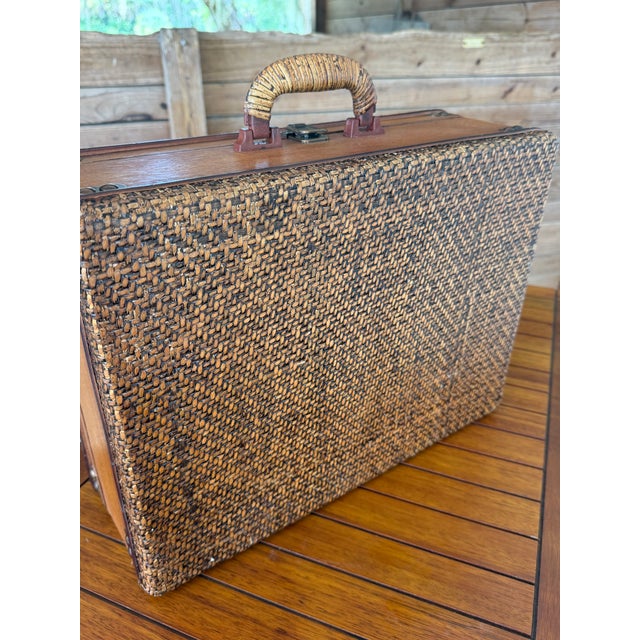 Brown Vintage Rattan Wrapped Decorative Suitcase Trunk For Sale - Image 8 of 12