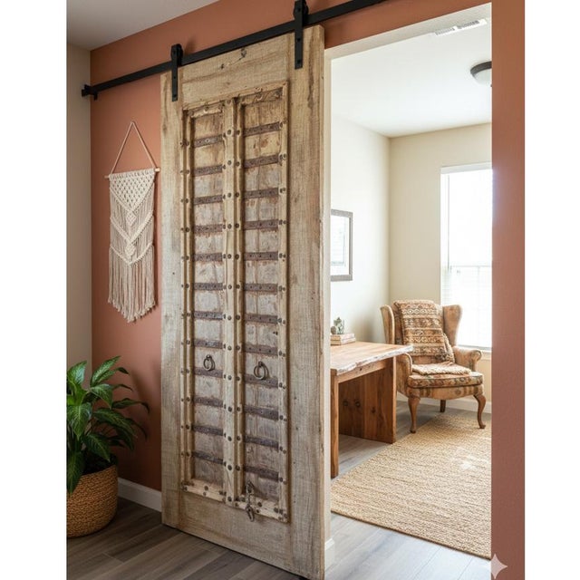 Antique Indian Rustic Wooden Entry Door | Distressed Hand-Carved Architectural Statement 84x36 For Sale - Image 9 of 10