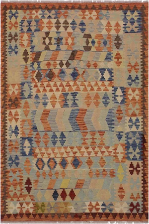 1990s Boho Chic Kilim Rust Hand-Woven Wool Rug -5'3 X 6'8